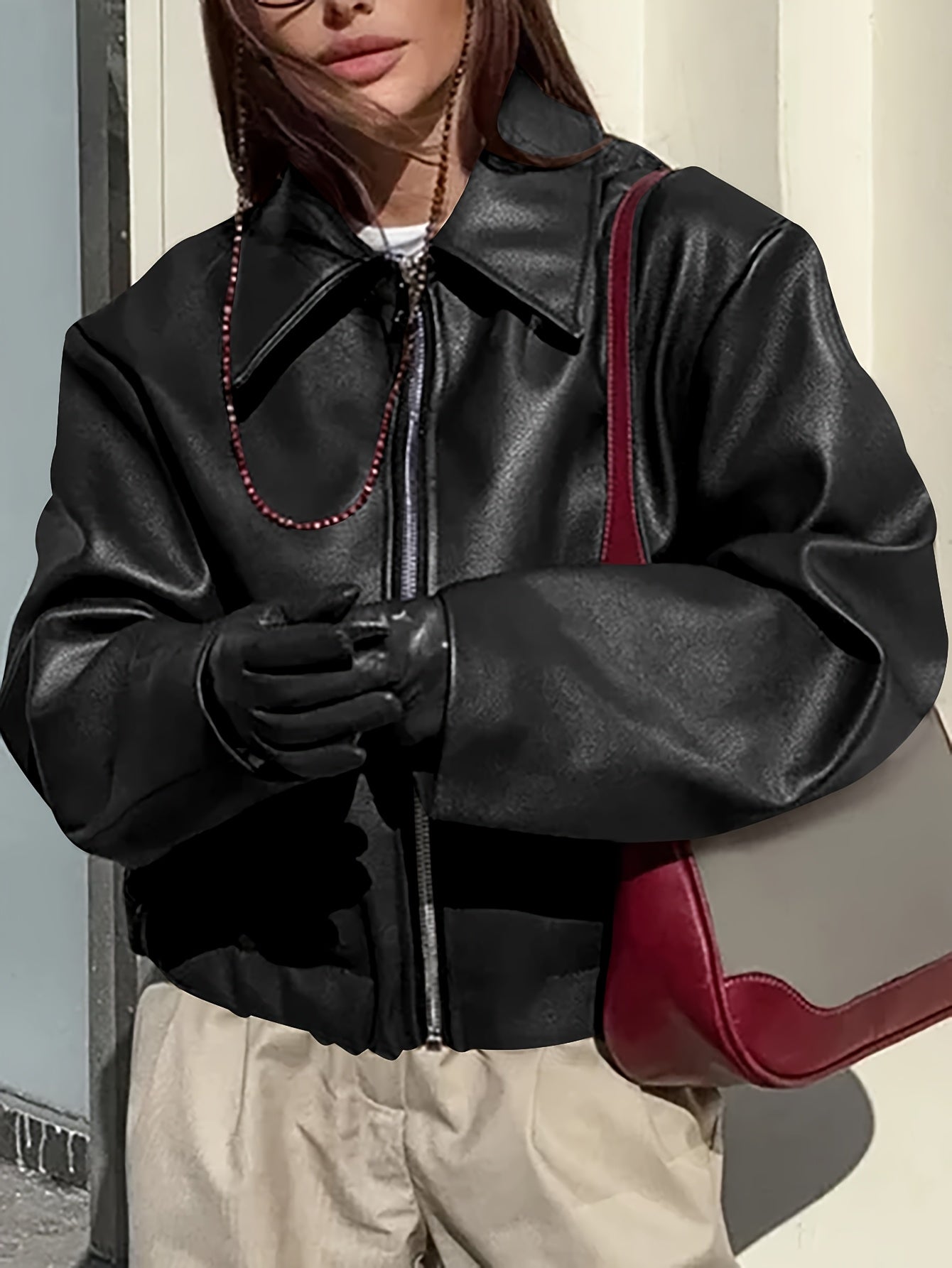 Aura Chic Faux Leather Bomber Jacket | Retro Wine Red Biker Style