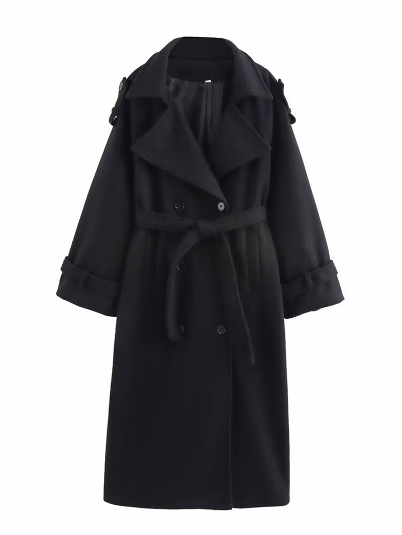 Aura Signature Longline Trench Coat | Women's Double-Breasted Wool Blend Elegance