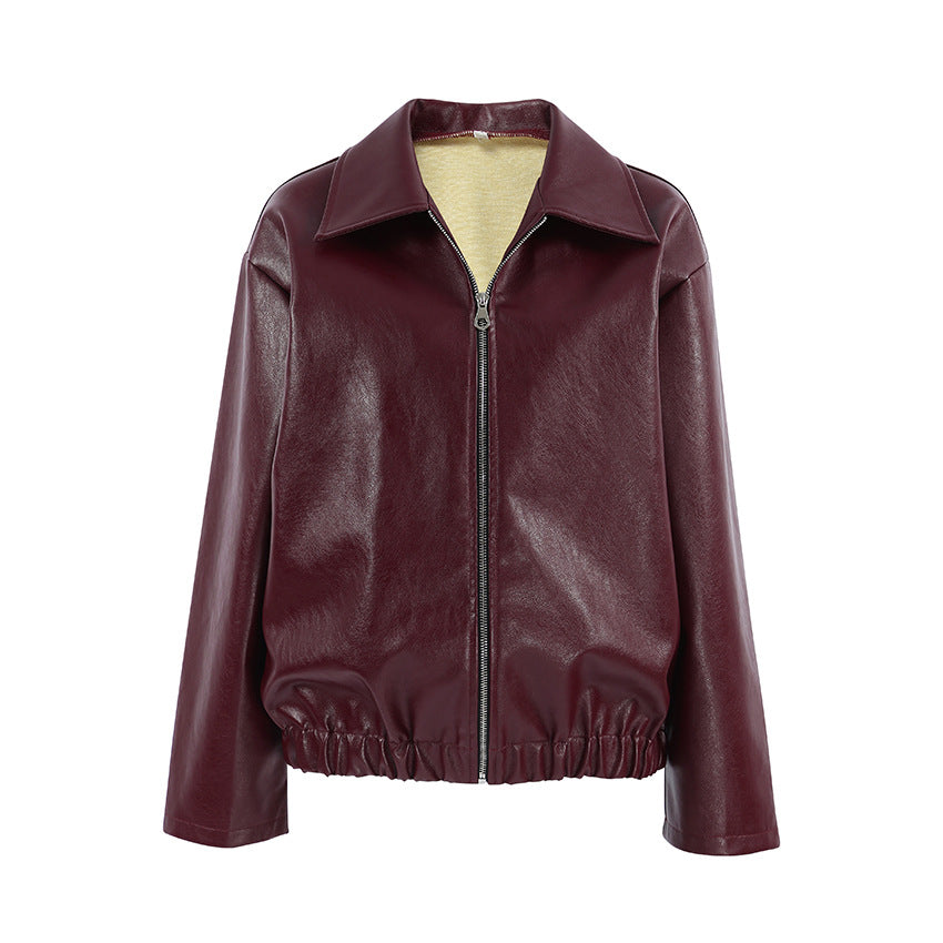 Aura Chic Faux Leather Bomber Jacket | Retro Wine Red Biker Style
