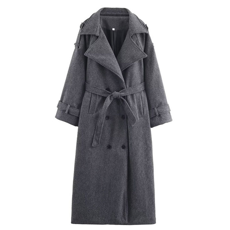 Aura Signature Longline Trench Coat | Women's Double-Breasted Wool Blend Elegance