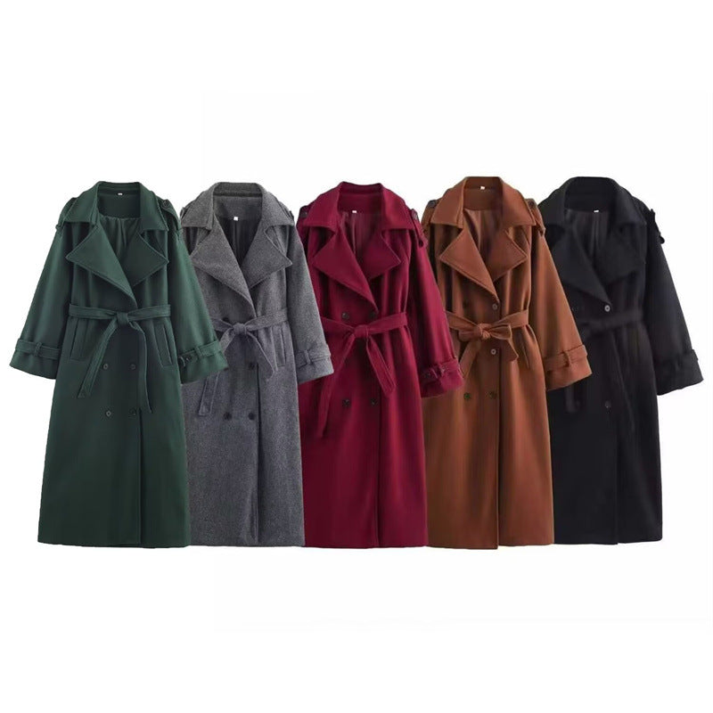 Aura Signature Longline Trench Coat | Women's Double-Breasted Wool Blend Elegance