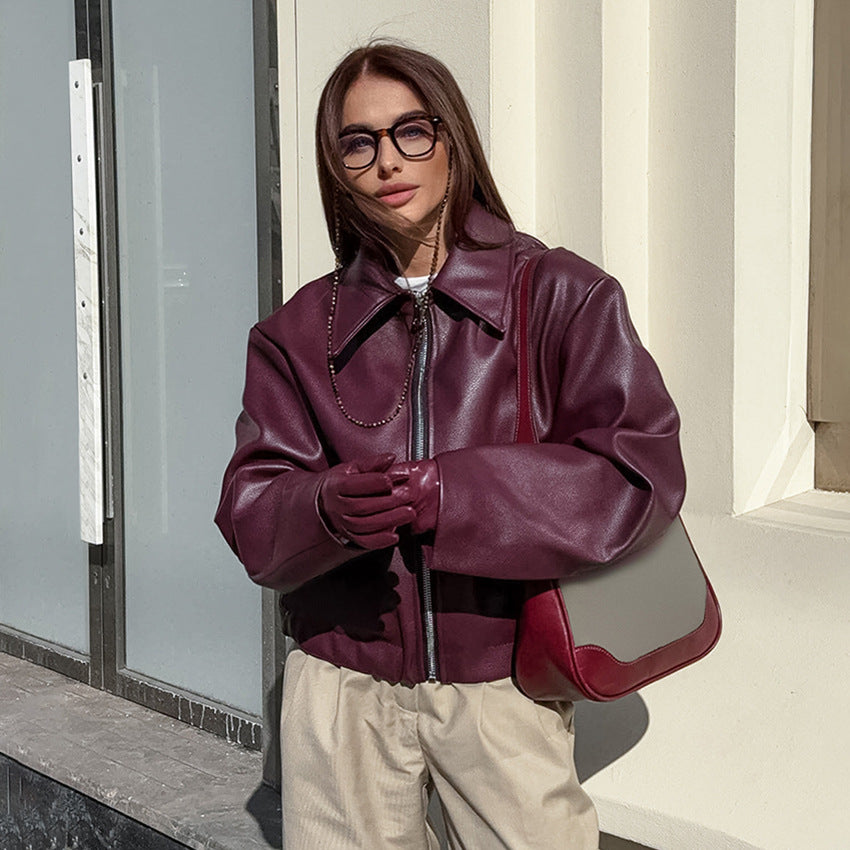 Aura Chic Faux Leather Bomber Jacket | Retro Wine Red Biker Style