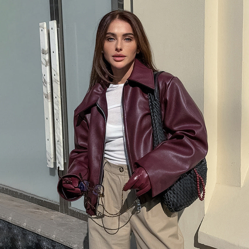Aura Chic Faux Leather Bomber Jacket | Retro Wine Red Biker Style