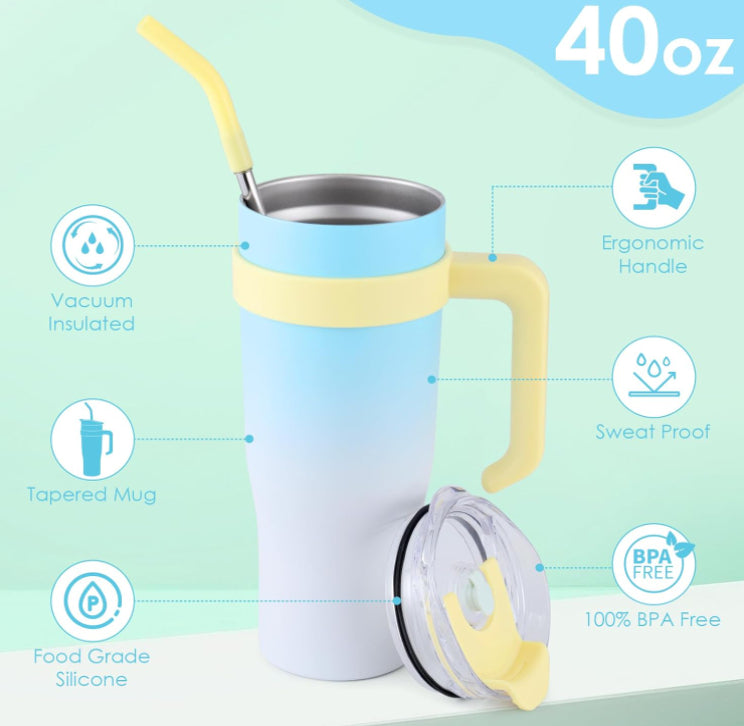 Aura 40 oz Mega Tumbler | Aesthetic Insulated Flask with Comfort Handle & Straw Lid