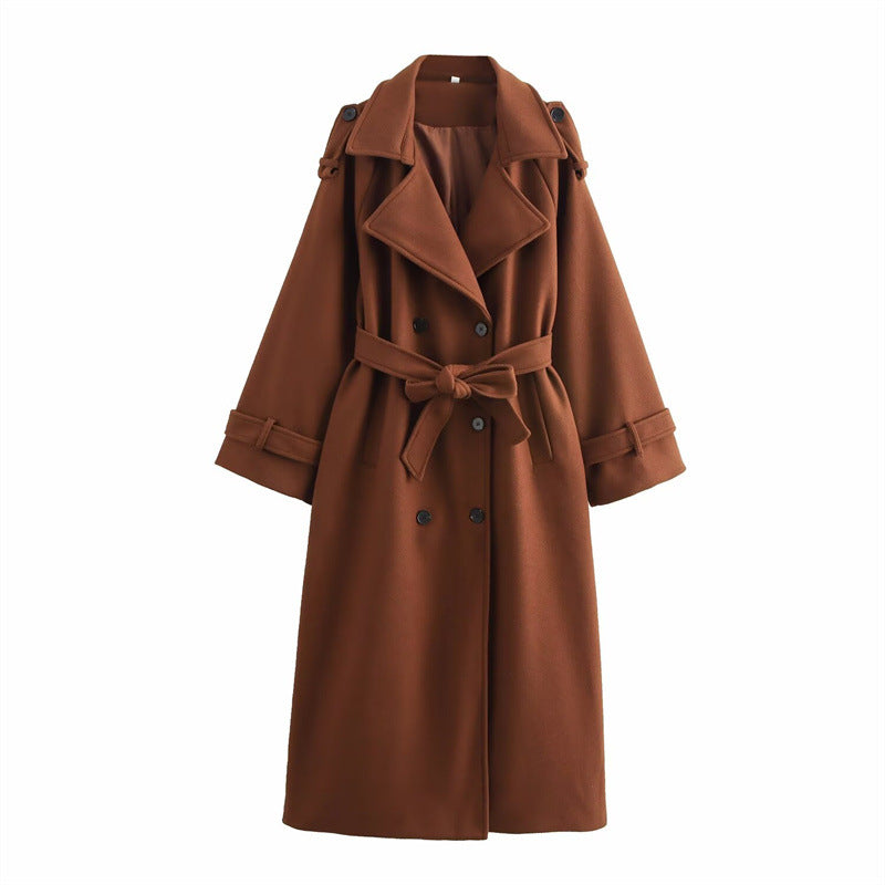 Aura Signature Longline Trench Coat | Women's Double-Breasted Wool Blend Elegance