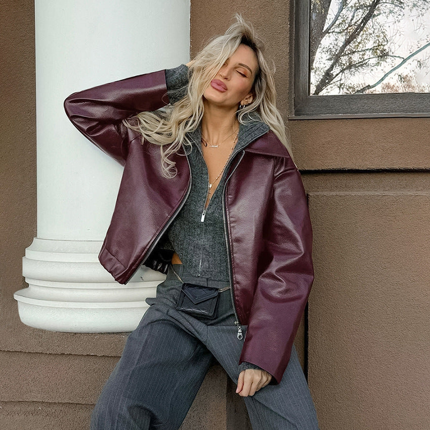 Aura Chic Faux Leather Bomber Jacket | Retro Wine Red Biker Style